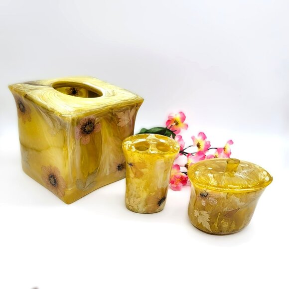 VTG Lucite Acrylic 3 Pc Bathroom Set With Tissue Box Toothbrush Holder Canister - Picture 1 of 16